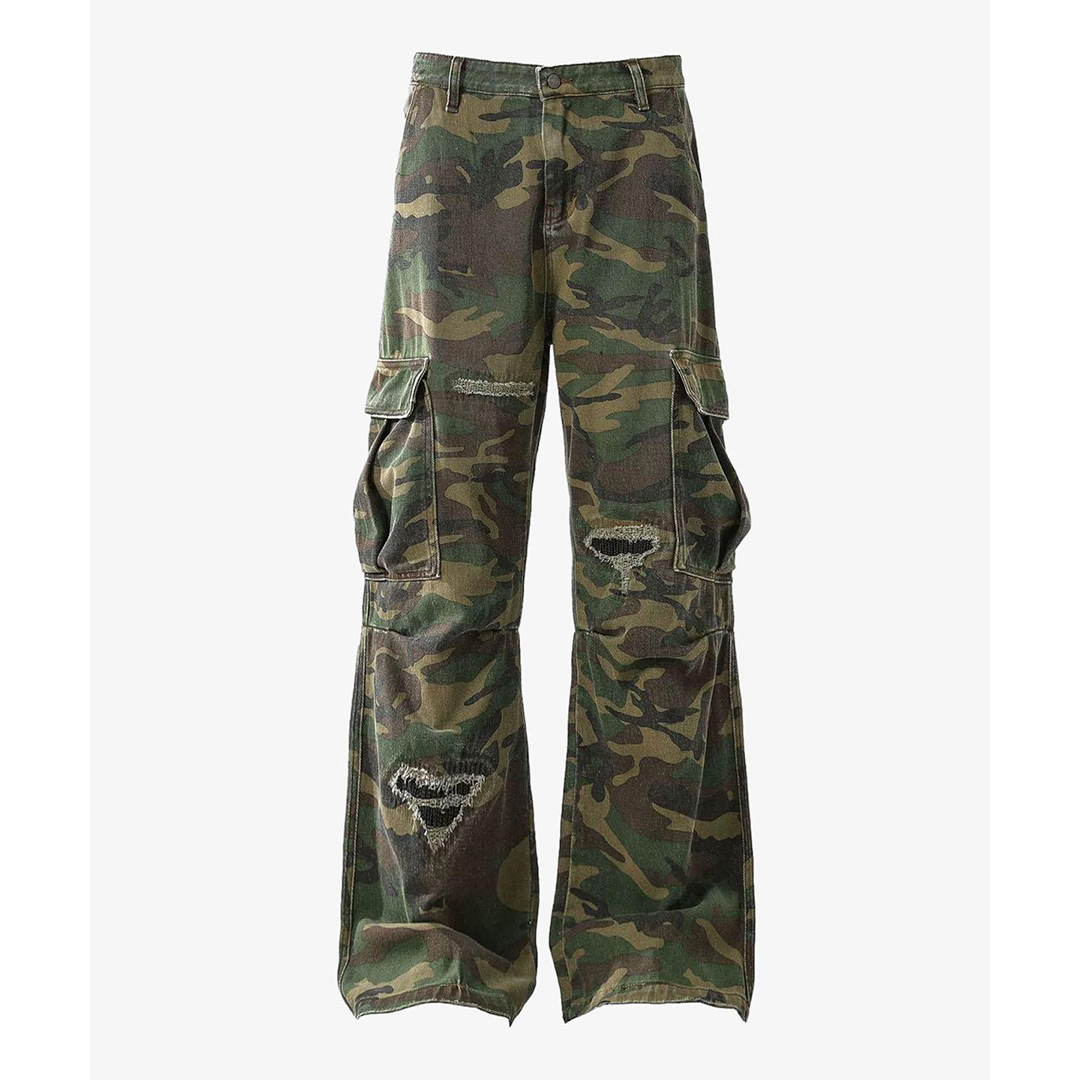 Streetwear Flared Silhouette Ripped Camouflage Cargo Bottoms