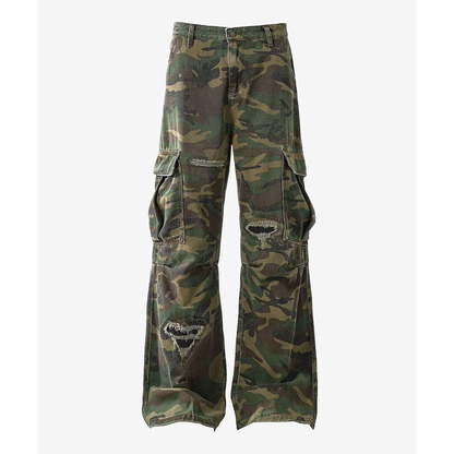 Streetwear Flared Silhouette Ripped Camouflage Cargo Bottoms