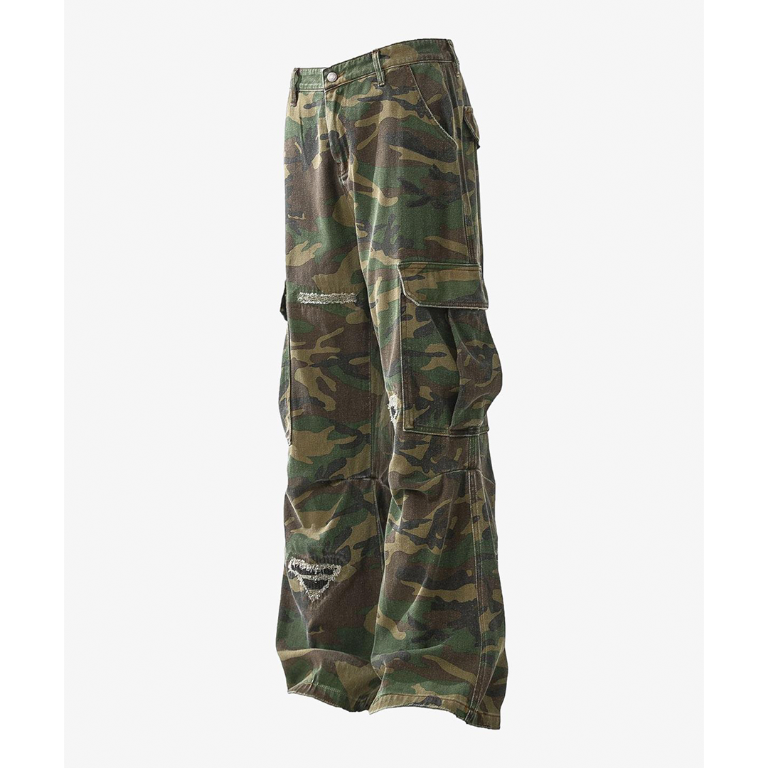 Streetwear Flared Silhouette Ripped Camouflage Cargo Bottoms