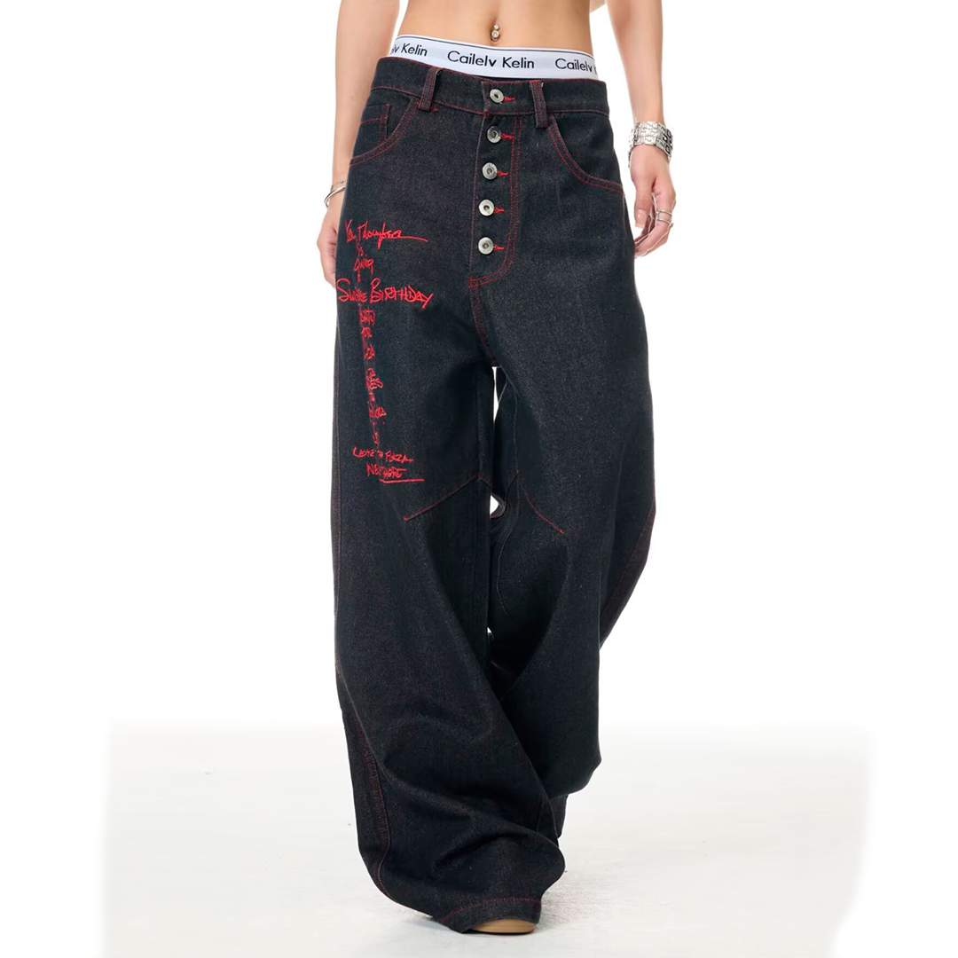 Iron Cross Embroidered Baggy Jeans